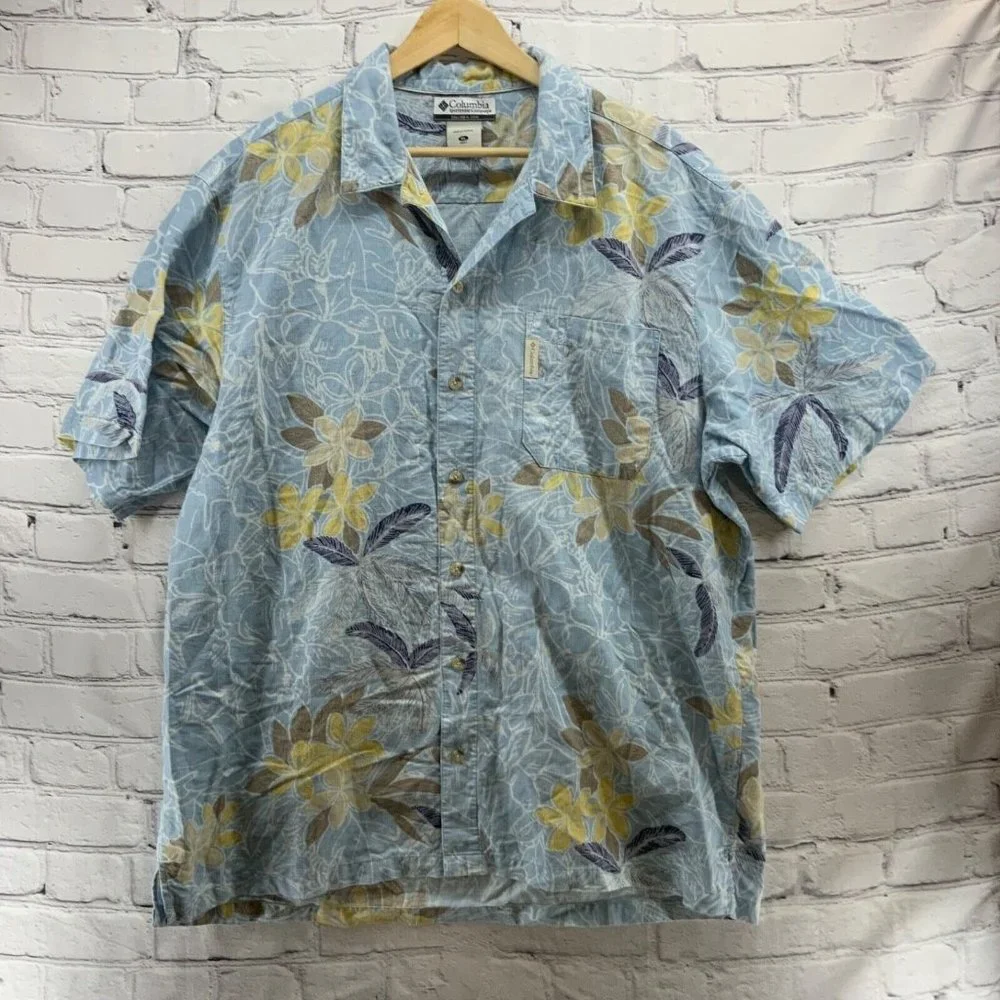 Columbia Hawaiian Shirt Linen Blend Mens Sz XL Pale‎ Blue Print
